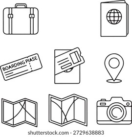 Sammlung von einfachen Linien Kunst Icons für Reisen und Tourismus, einschließlich Koffer, Pass, Bordkarte, Karte, Kamera, und Standort-Pin, geeignet für Web-Design, Apps und Druckmaterialien, saubere und moderne grafische Design-Elemente.
