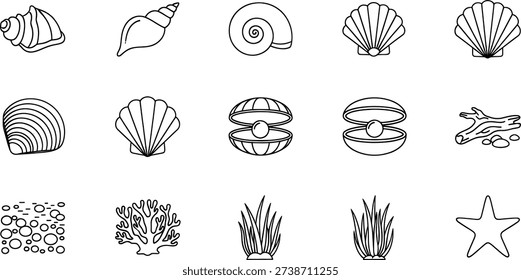 A collection of simple line art icons featuring various marine life and underwater elements, including seashells, pearls in open clams, coral, seaweed, pebbles, driftwood, and a starfish.