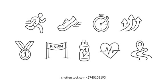 A collection of simple line art icons representing various aspects of running and fitness, perfect for health and sports-related content
