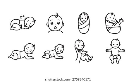 Collection of simple line art icons illustrating various baby development milestones and poses from birth to toddlerhood