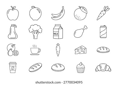 Collection of simple line art icons representing various food and drink items for healthy eating and lifestyle