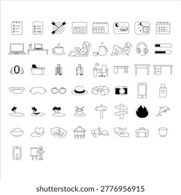 A collection of simple line art icons representing various everyday objects, activities, and concepts, including work, leisure, travel, and nature.