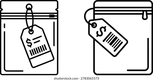 A collection of simple line art icons featuring plastic storage bags with zippers and hanging price tags. These illustrations are perfect for retail, packaging, and commercial design projects.