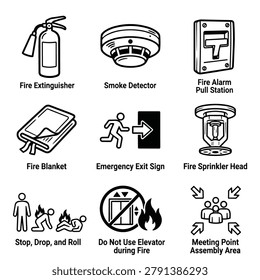 A collection of simple line art icons depicting essential fire safety equipment and emergency procedures for buildings.