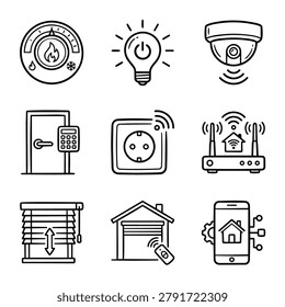 Collection of simple line art icons representing smart home technology devices and functions for modern living.