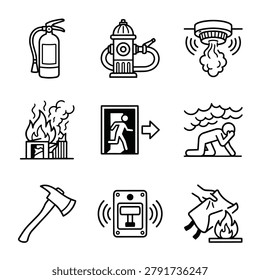 A collection of simple line art icons representing fire safety equipment and emergency situations.