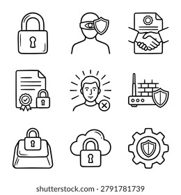 A collection of simple line art icons representing cyber security concepts like protection, privacy, and data safety.