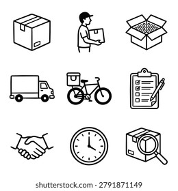 Collection of simple line art icons representing delivery services including boxes, truck, bicycle, and handshake.