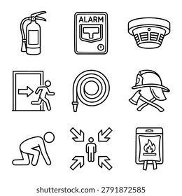 Collection of simple line art icons representing fire safety equipment and emergency procedures.
