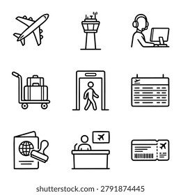 Collection of simple line art icons depicting various airport elements and services for travel and aviation.
