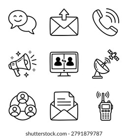 A collection of simple line art icons representing various forms of communication and connection.