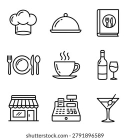A collection of simple line art icons representing various aspects of the food service industry including a chef hat, cloche, menu, place setting, coffee cup, wine bottle and glass, restaurant buildi.