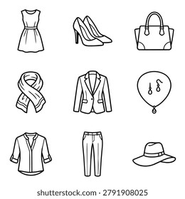 A collection of simple line art icons representing various fashion items and accessories for women.