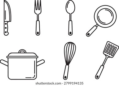 Collection of simple line art icons representing essential kitchen tools and cookware, perfect for culinary websites, cooking blogs, and restaurant menus.