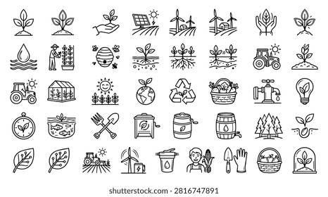 A collection of simple line art icons representing agriculture, farming, and nature. Includes elements like plants, tractors, solar panels, windmills, water, and farming tools.