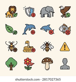 Collection of simple line art icons featuring animals insects and mushrooms
