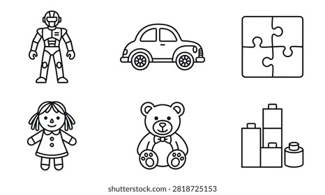Collection of simple line art icons representing children's toys including a robot, car, puzzle, doll, teddy bear, and building blocks