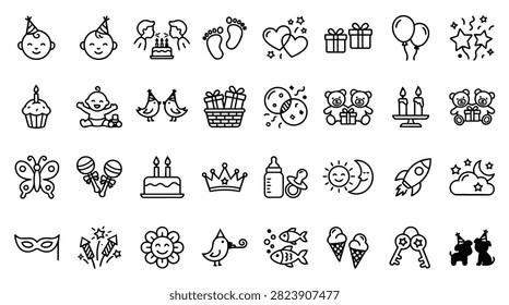 A collection of simple line art icons representing baby items and birthday celebrations