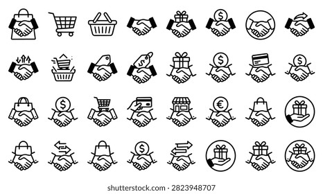 A collection of simple line art icons depicting handshakes, shopping carts, gift boxes, and currency symbols.