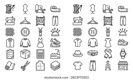 A collection of simple line art icons representing sewing and fashion items arranged in a grid
