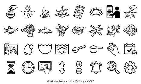 Collection of simple line art icons representing various aspects of aquarium care and maintenance.