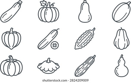 Collection of simple line art icons representing different varieties of pumpkins squash and gourds for agricultural and food design