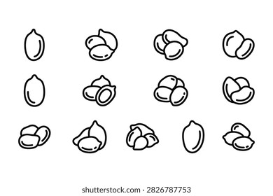 A collection of simple line art icons featuring various peanuts and nuts isolated on a white background for food design projects.