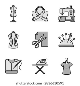 A collection of simple line art icons representing sewing and tailoring tools and concepts.