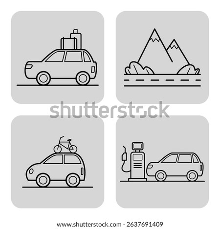 Collection of simple line art icons representing travel activities. Car with luggage, scenic mountain view, car with bike, and gas station