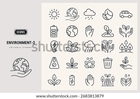 Collection of Simple Line Art Icons Representing Environmental Protection and Sustainability Concepts White Background.