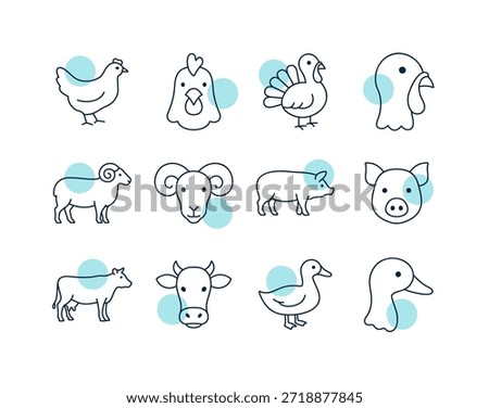 A collection of simple line art icons featuring farm animals, including cows, pigs, sheep, and poultry, perfect for agriculture or butcher shop design.