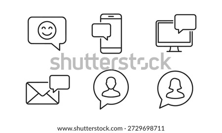 A collection of simple line art icons representing communication, including a smiling face in a speech bubble, a mobile phone, a computer monitor, an envelope, and two user avatars, all isolated on a white background.   