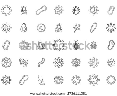 A collection of simple line art icons representing various biological entities, including viruses, bacteria, insects, and other microscopic organisms, alongside some food items and anatomical elements.