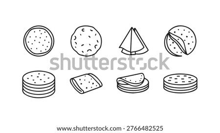 Collection of simple line art icons representing flatbreads tortillas and crepes in various forms