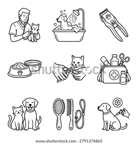 Collection of simple line art icons representing pet grooming and veterinary services including bathing, nail clipping, and vet checkups.