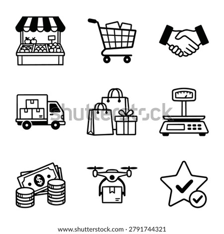 A collection of simple line art icons depicting various aspects of commerce, shopping, and delivery services.