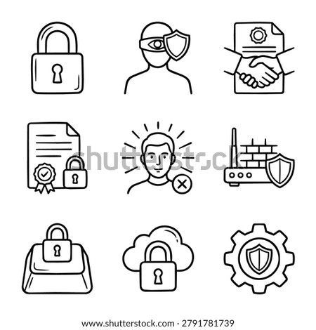 A collection of simple line art icons representing cyber security concepts like protection, privacy, and data safety.