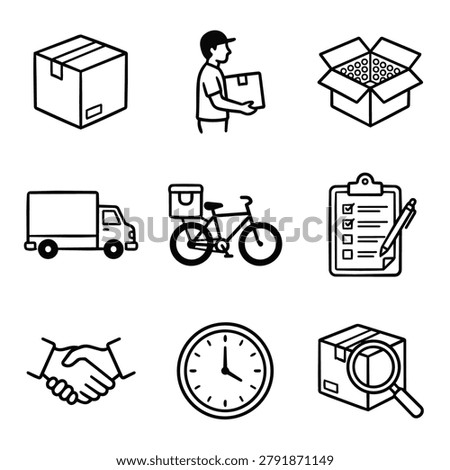 Collection of simple line art icons representing delivery services including boxes, truck, bicycle, and handshake.