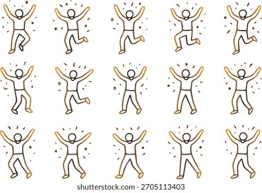 Colección de ilustraciones simples de arte lineal que representan varias figuras humanas alegres saltando y celebrando con los brazos en alto