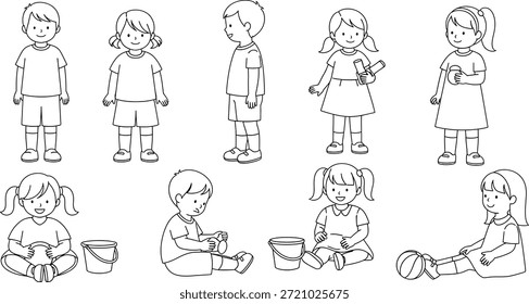 A collection of simple line art illustrations depicting various children, boys and girls, engaged in different activities like standing, playing with toys, buckets, and a ball, or holding objects.