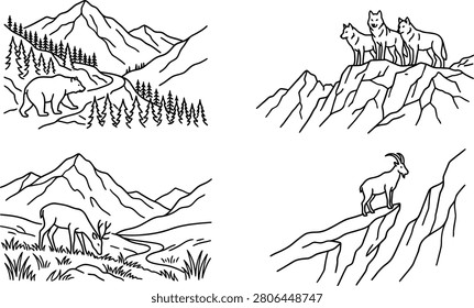 A collection of simple line art illustrations showcasing wild animals like bears wolves deer and mountain goats in their natural rugged mountain environments