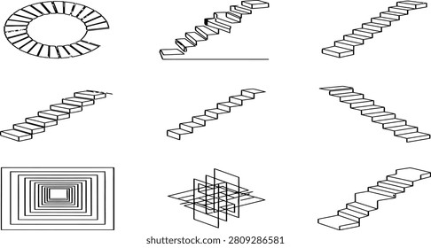 A collection of simple line art illustrations depicting various staircases and abstract geometric shapes
