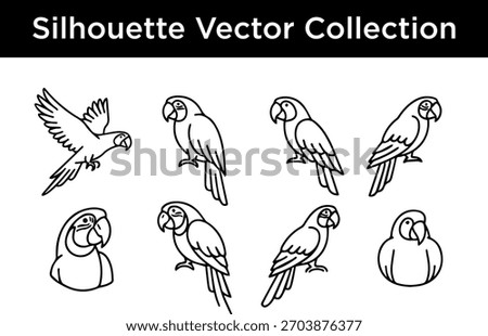 A collection of simple line art silhouettes of various macaw parrots in different poses.
