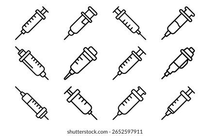 Coleção de ilustrações de seringas de arte de linha simples representando vacinas médicas e conceitos de saúde