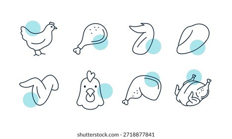 Uma coleção de ícones vetoriais de arte de linha simples com uma galinha inteira, cortes e partes, ideal para menus, açougues ou gráficos de alimentos.