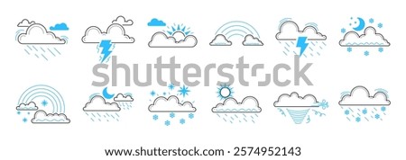 A collection of simple line art weather icons illustrating different weather conditions such as rain, snow, sun, and storms.