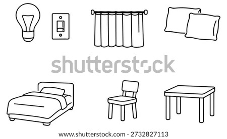 A collection of simple line drawings of common household items, including a light bulb, light switch, curtains, pillows, a bed, a chair, and a table.