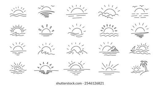 A collection of simple line drawings depicting various sun and sunset designs, featuring waves, clouds, mountains, and palm trees.