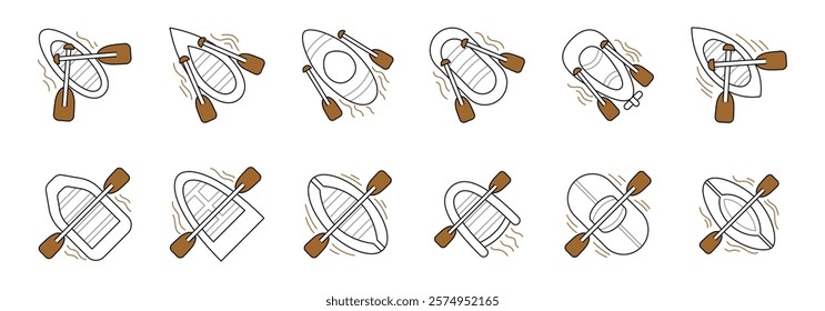 A collection of simple line drawings depicting small boats with oars from an overhead perspective, showcasing different angles and positions of the boats and oars.