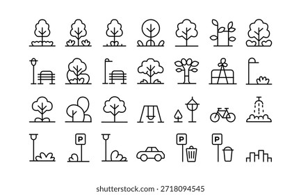 Una colección de dibujos de líneas simples que representan varios árboles, farolas, letreros, edificios y vehículos en un entorno urbano.
